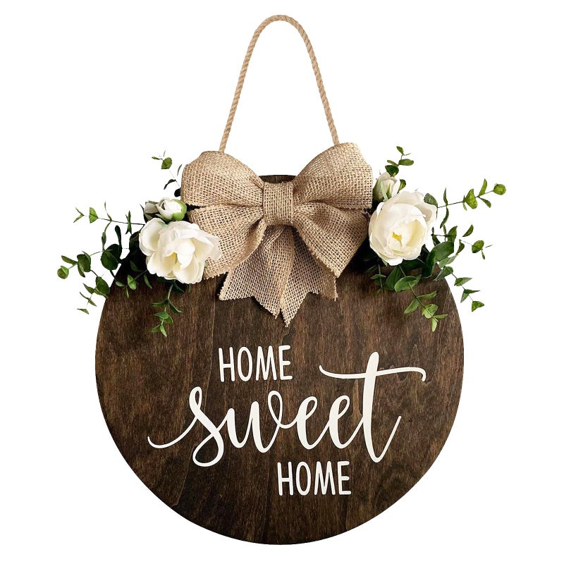 DOFAFALA Home Sweet Home Farmhouse Welcome Sign, Round Wood Hanging Door Decor with Ribbon Bow and Faux Greenery, Rustic Porch Wreath for Thanksgiving, Christmas, Brown Front Door Hanger - Image 1